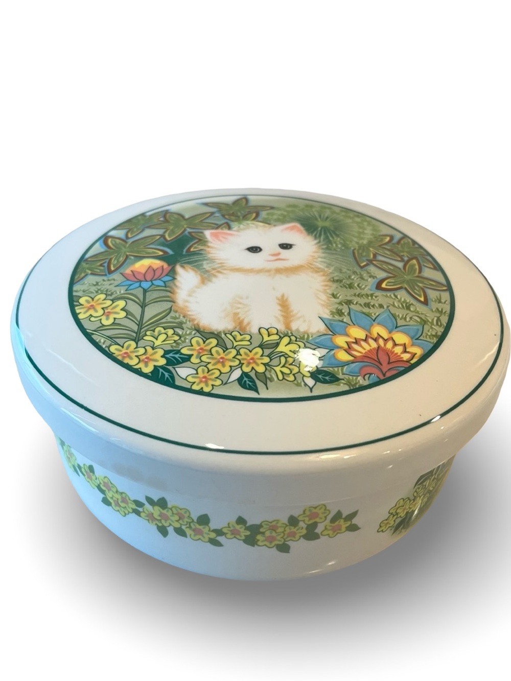 VTG Hankook Korea Fluffy White Kitten Porcelain Lidded Trinket Box